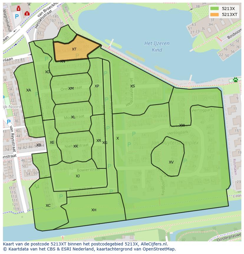 Afbeelding van het postcodegebied 5213 XT op de kaart.