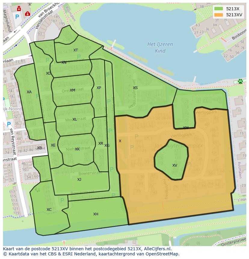 Afbeelding van het postcodegebied 5213 XV op de kaart.