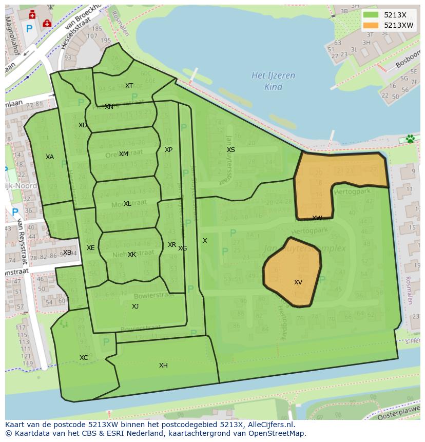 Afbeelding van het postcodegebied 5213 XW op de kaart.