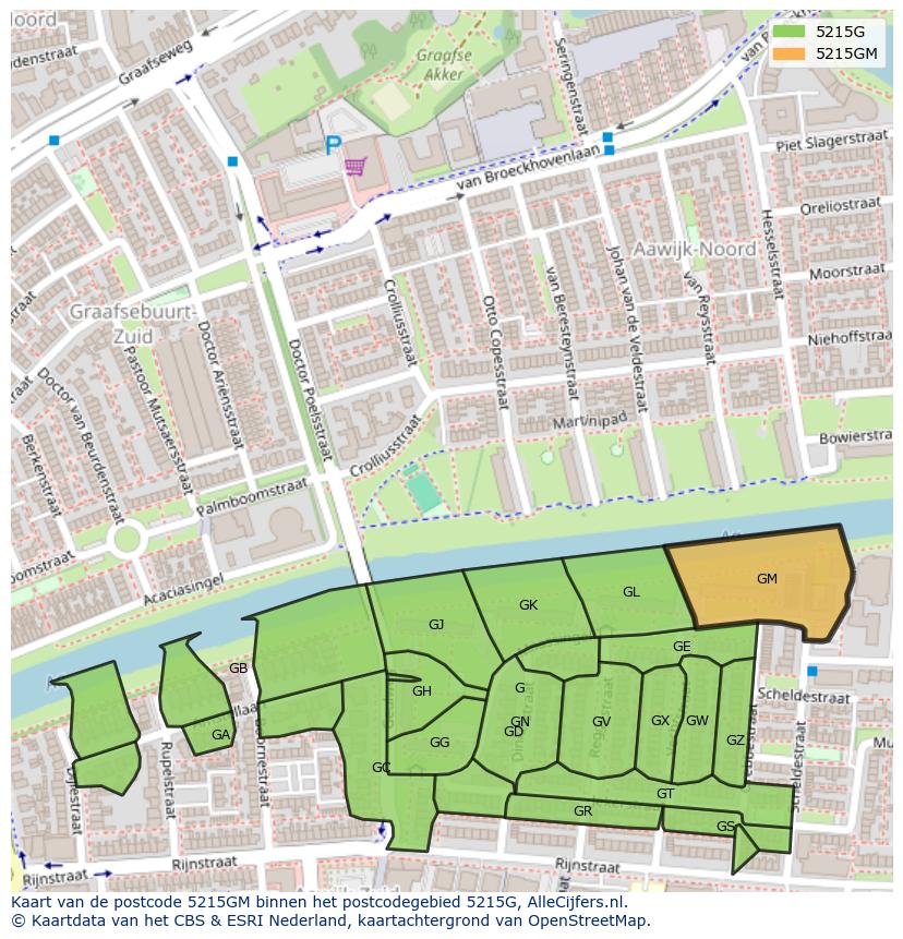 Afbeelding van het postcodegebied 5215 GM op de kaart.