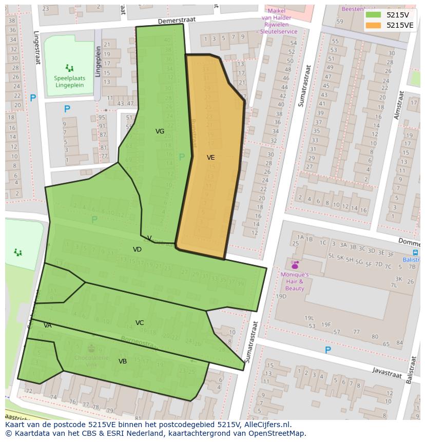 Afbeelding van het postcodegebied 5215 VE op de kaart.