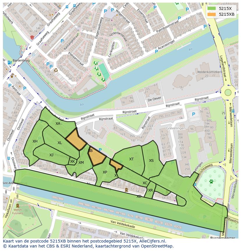 Afbeelding van het postcodegebied 5215 XB op de kaart.