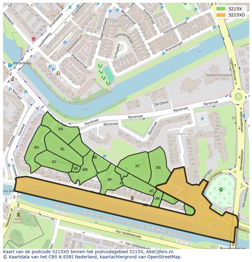 Afbeelding van het postcodegebied 5215 XD op de kaart.