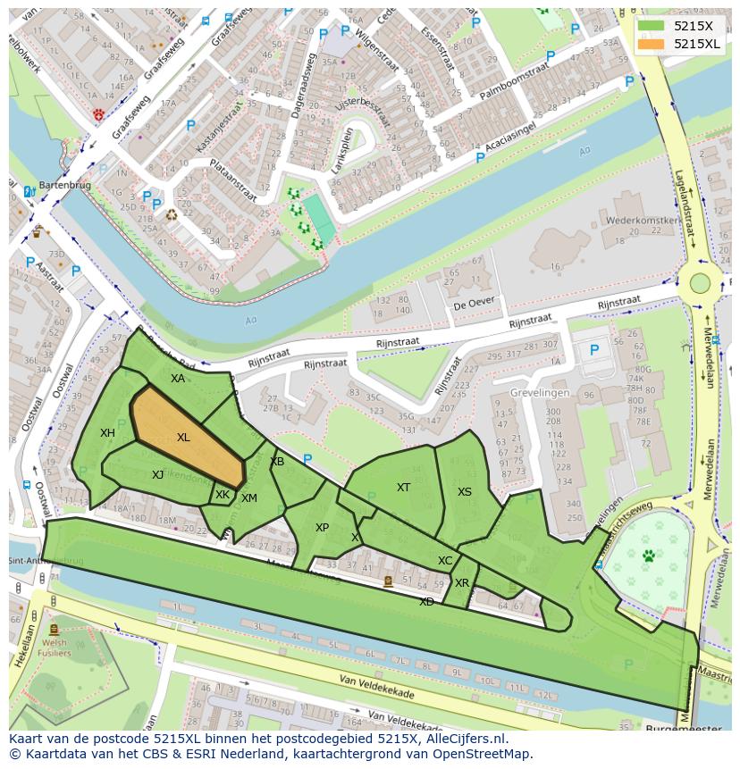 Afbeelding van het postcodegebied 5215 XL op de kaart.