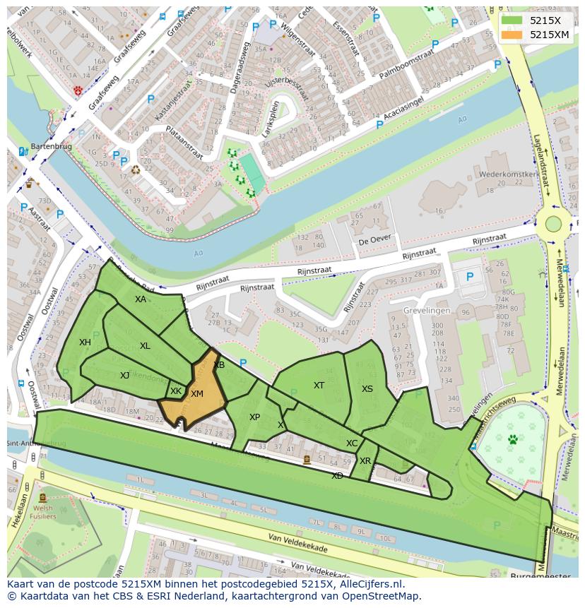 Afbeelding van het postcodegebied 5215 XM op de kaart.