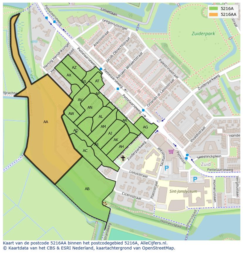 Afbeelding van het postcodegebied 5216 AA op de kaart.