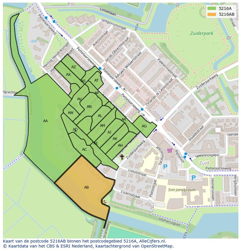 Afbeelding van het postcodegebied 5216 AB op de kaart.