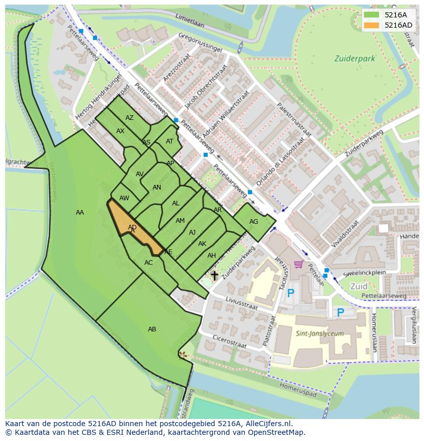 Afbeelding van het postcodegebied 5216 AD op de kaart.