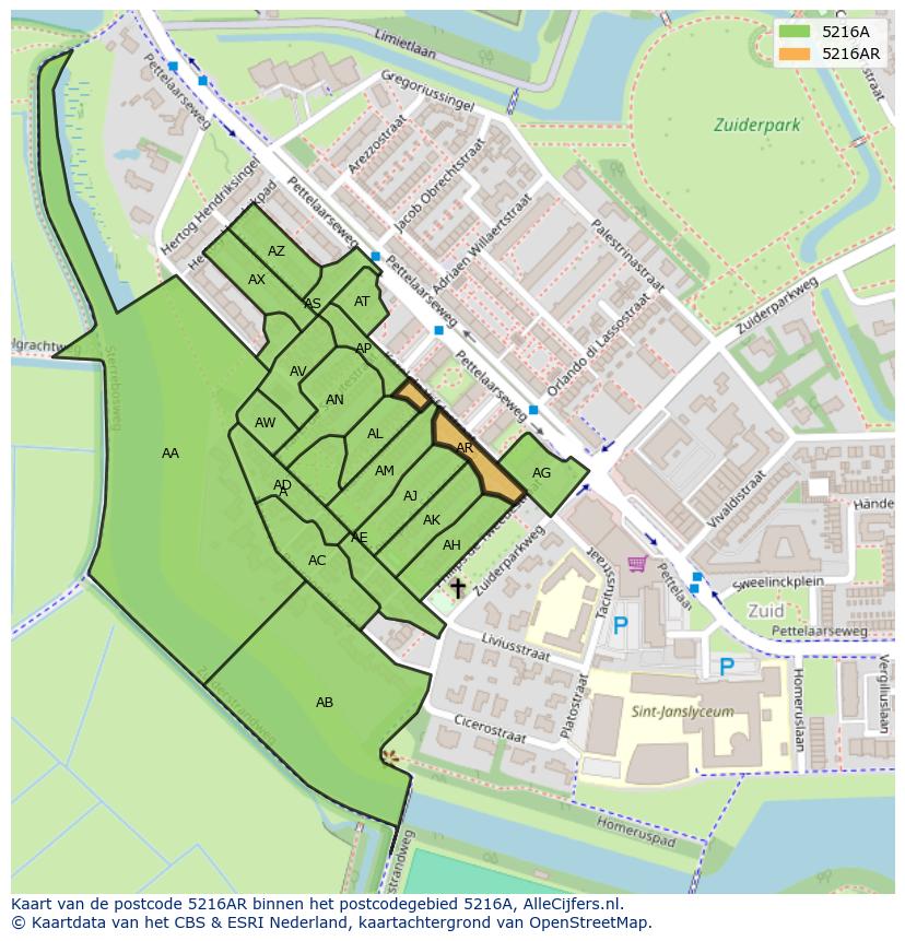 Afbeelding van het postcodegebied 5216 AR op de kaart.