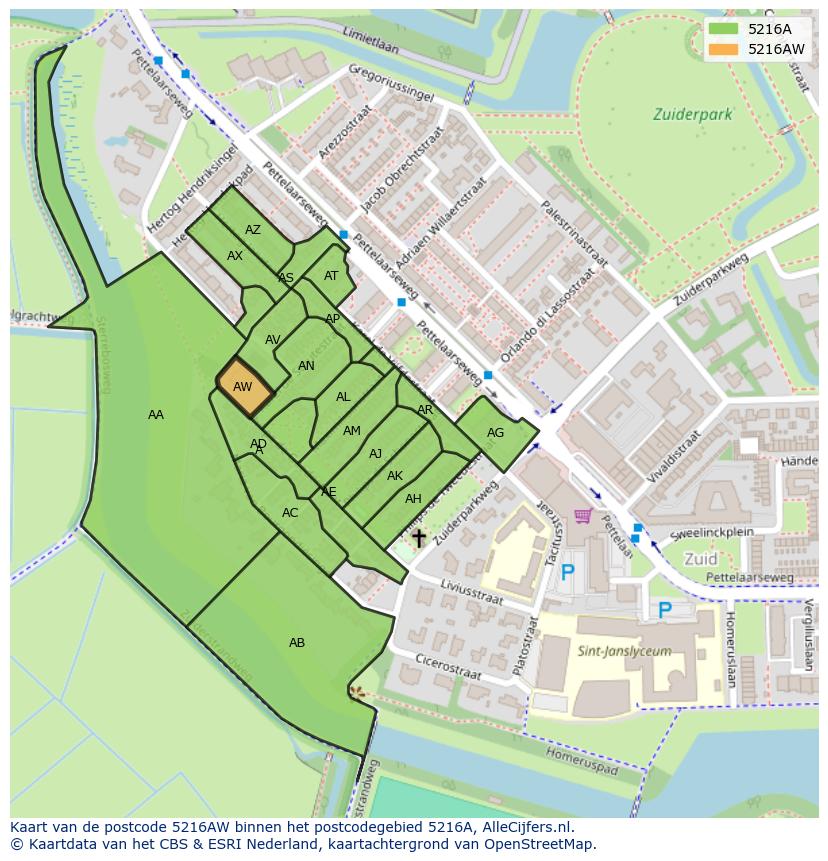 Afbeelding van het postcodegebied 5216 AW op de kaart.