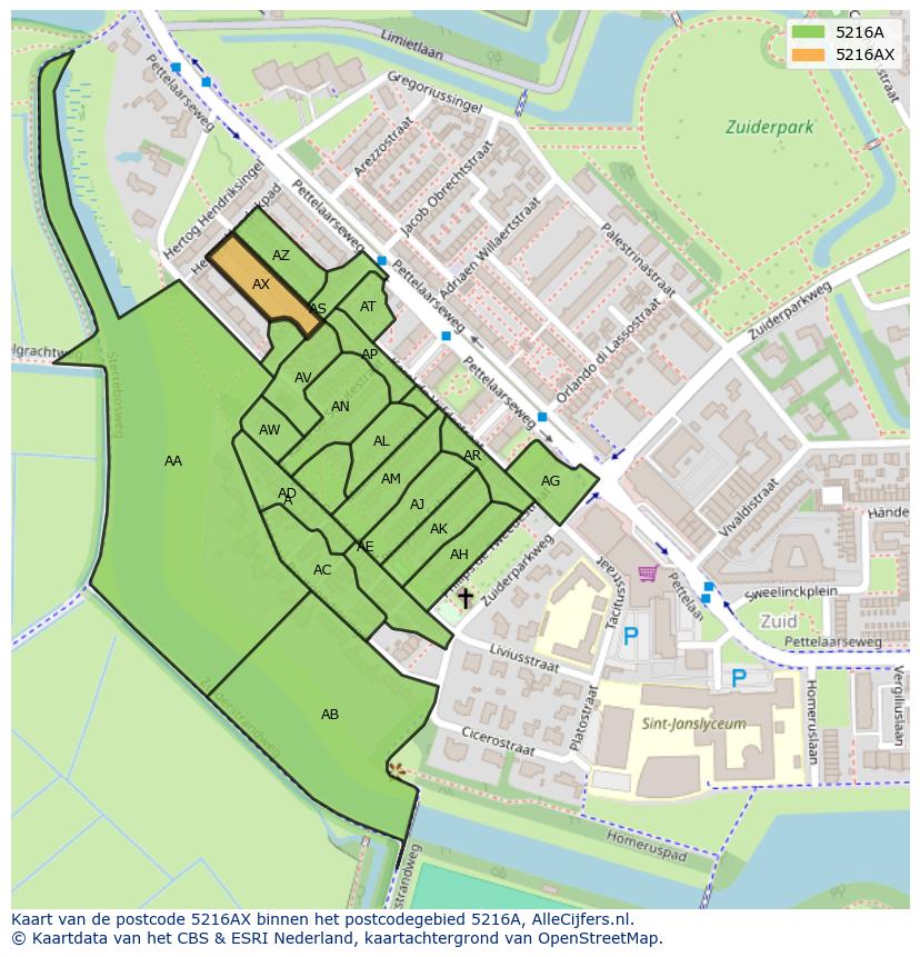 Afbeelding van het postcodegebied 5216 AX op de kaart.