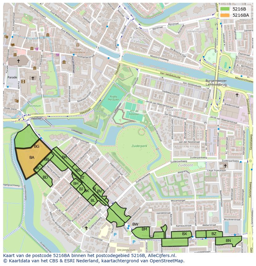 Afbeelding van het postcodegebied 5216 BA op de kaart.