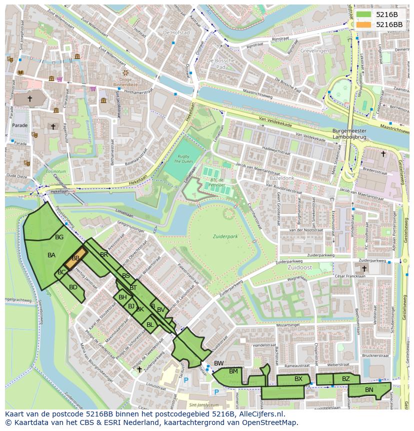 Afbeelding van het postcodegebied 5216 BB op de kaart.