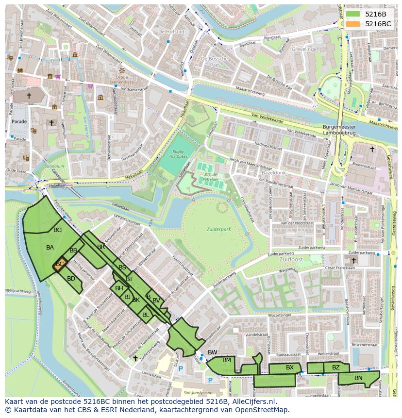 Afbeelding van het postcodegebied 5216 BC op de kaart.