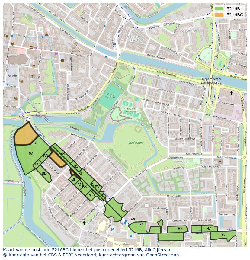 Afbeelding van het postcodegebied 5216 BG op de kaart.