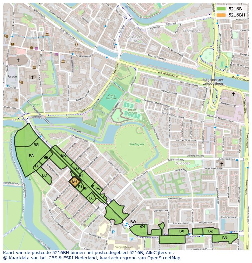 Afbeelding van het postcodegebied 5216 BH op de kaart.
