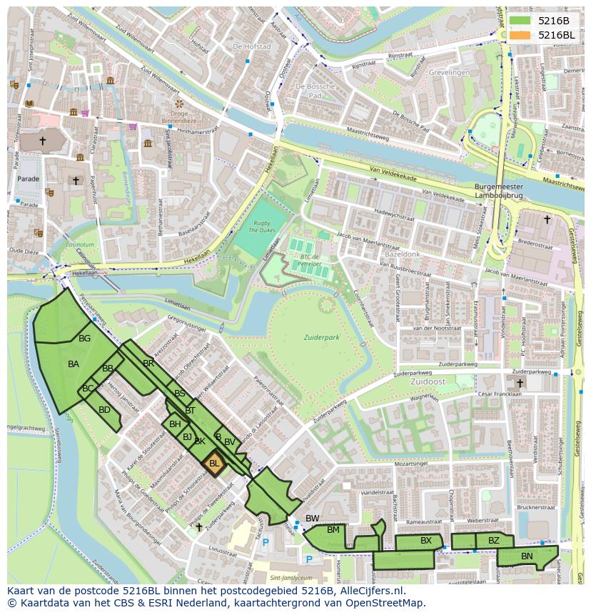Afbeelding van het postcodegebied 5216 BL op de kaart.