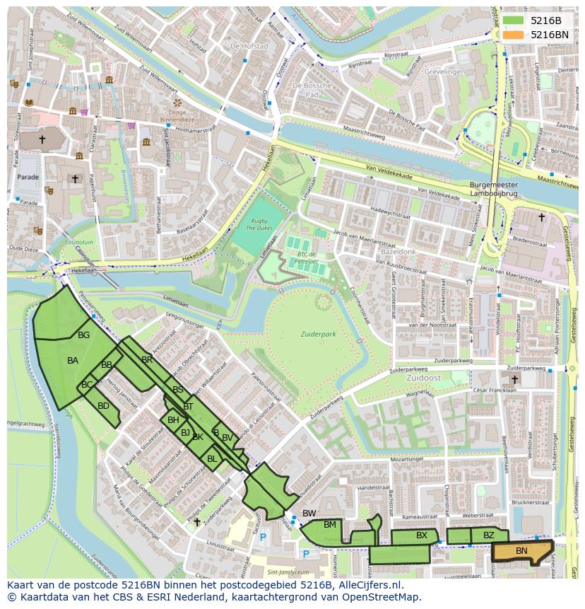 Afbeelding van het postcodegebied 5216 BN op de kaart.