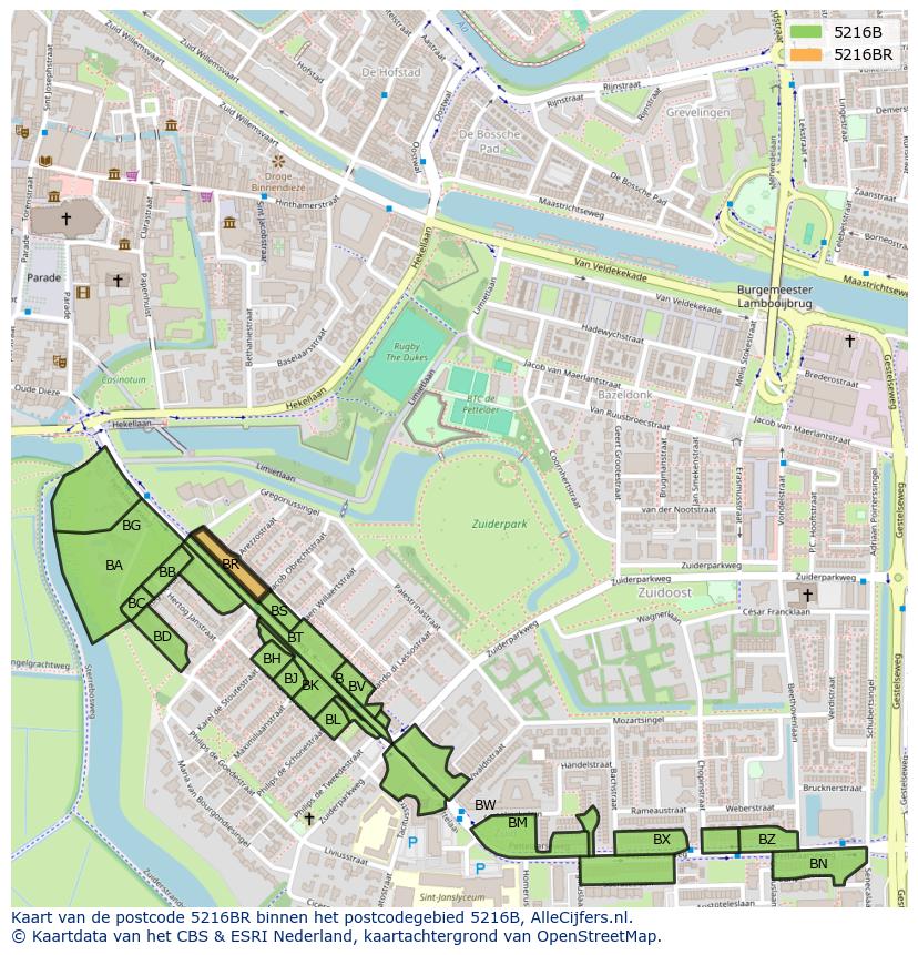 Afbeelding van het postcodegebied 5216 BR op de kaart.