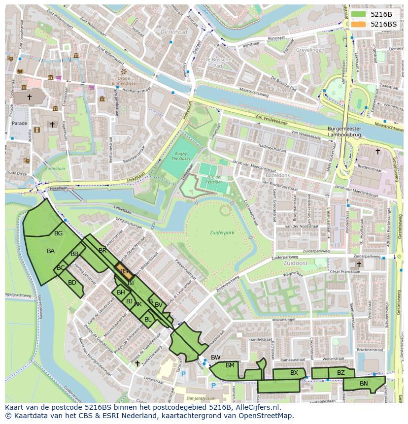 Afbeelding van het postcodegebied 5216 BS op de kaart.