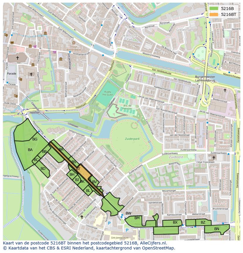 Afbeelding van het postcodegebied 5216 BT op de kaart.