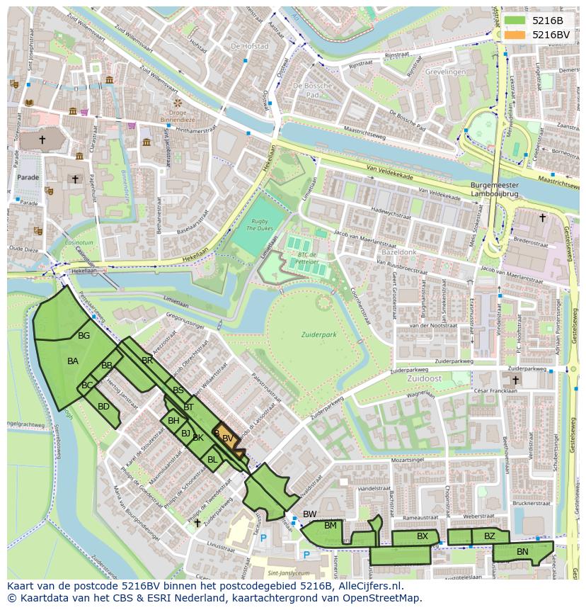 Afbeelding van het postcodegebied 5216 BV op de kaart.