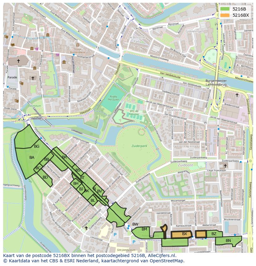 Afbeelding van het postcodegebied 5216 BX op de kaart.