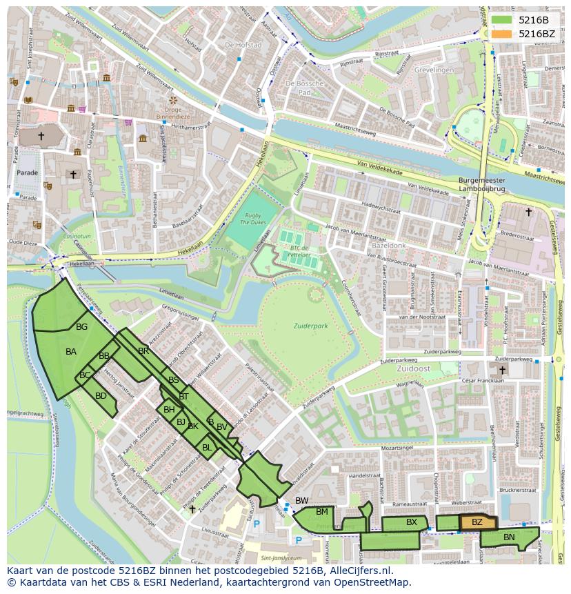 Afbeelding van het postcodegebied 5216 BZ op de kaart.