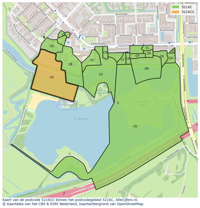 Afbeelding van het postcodegebied 5216 CC op de kaart.