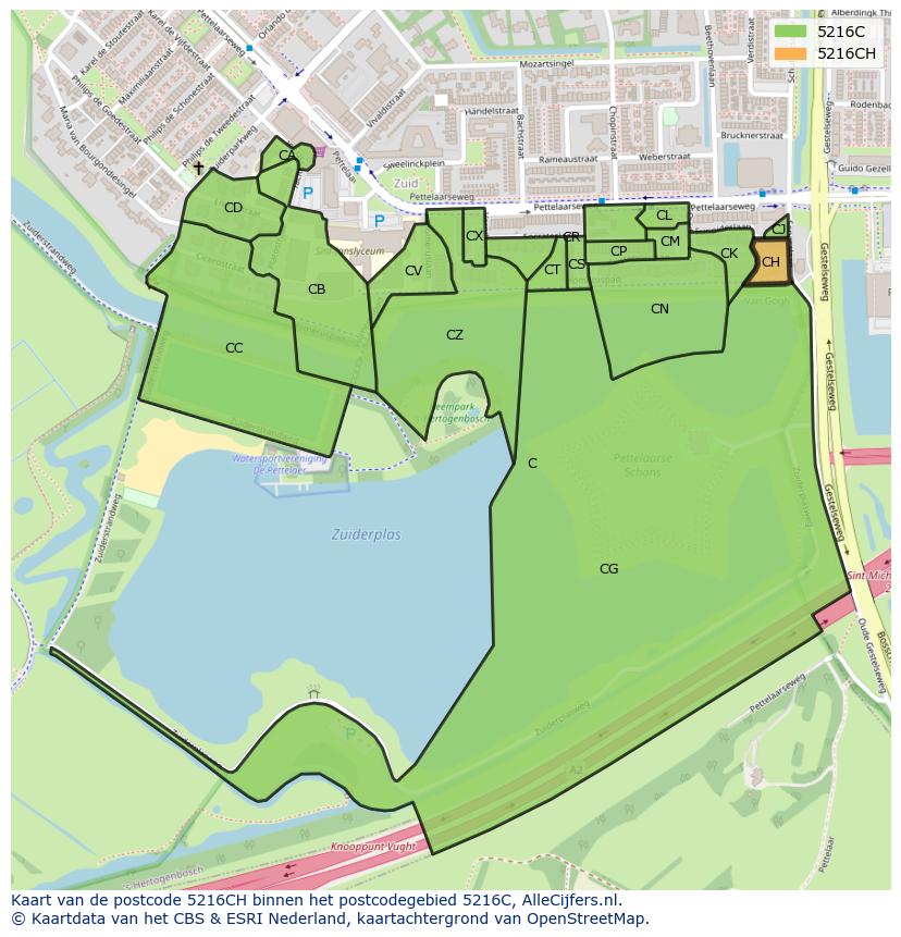 Afbeelding van het postcodegebied 5216 CH op de kaart.