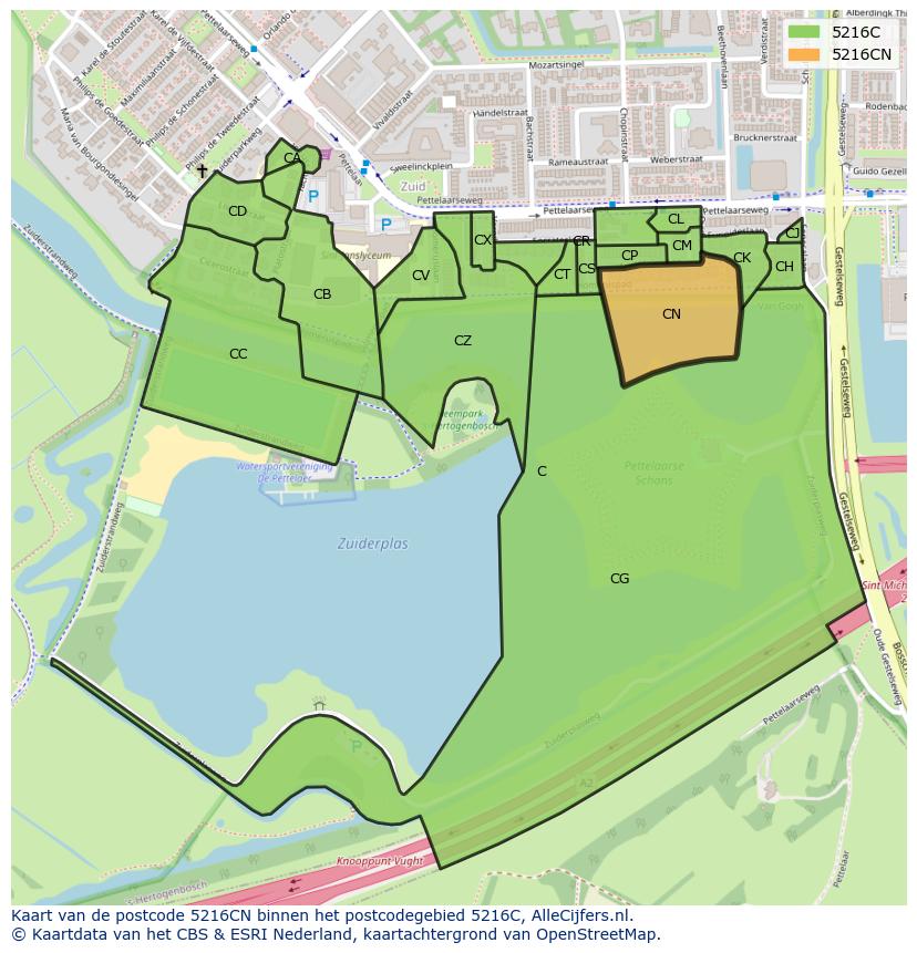 Afbeelding van het postcodegebied 5216 CN op de kaart.