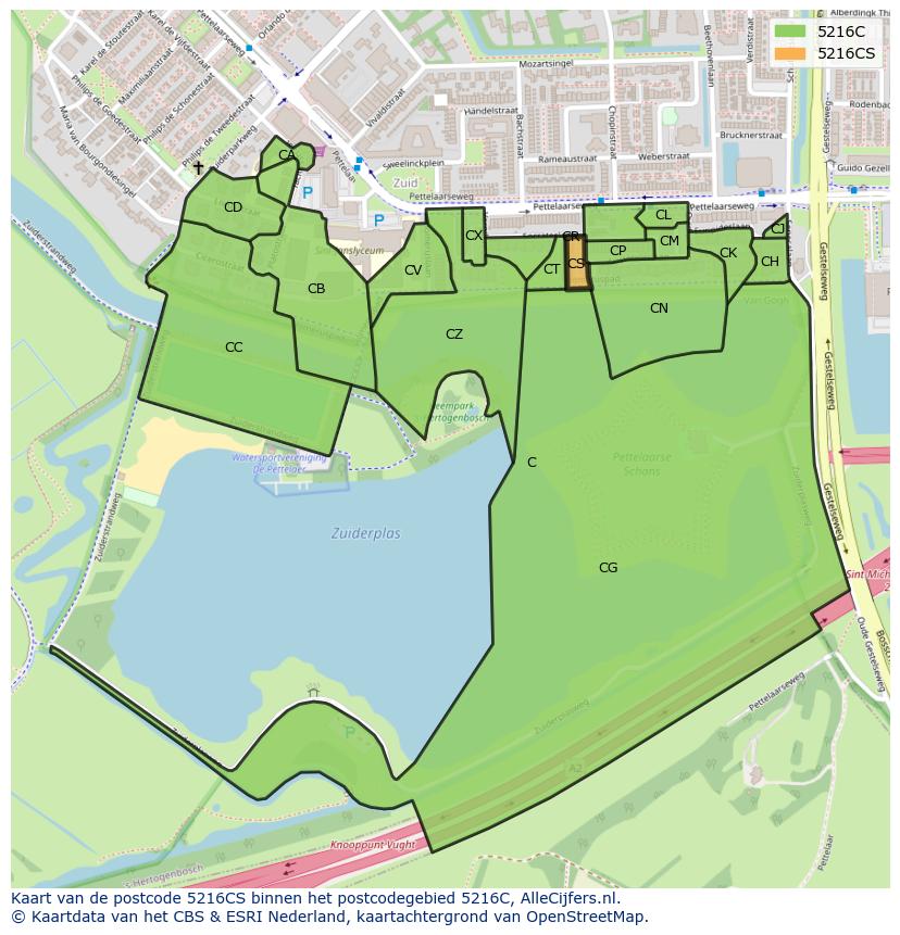 Afbeelding van het postcodegebied 5216 CS op de kaart.