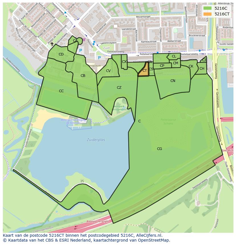 Afbeelding van het postcodegebied 5216 CT op de kaart.