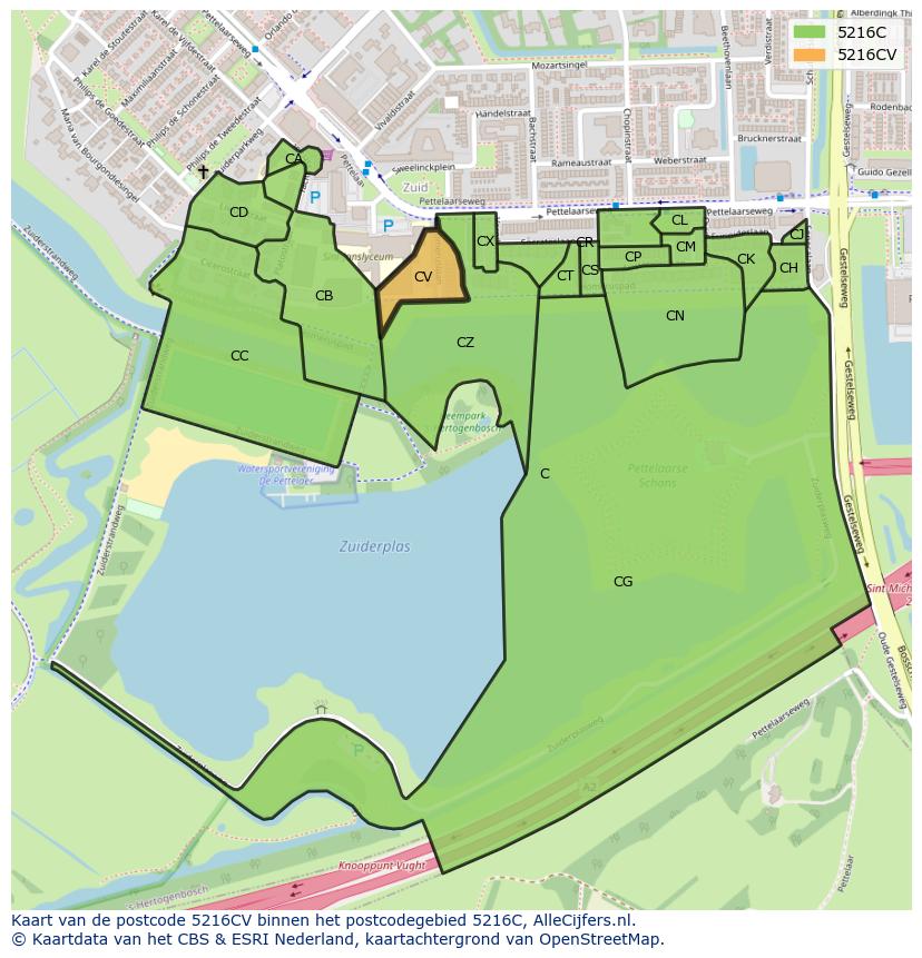 Afbeelding van het postcodegebied 5216 CV op de kaart.
