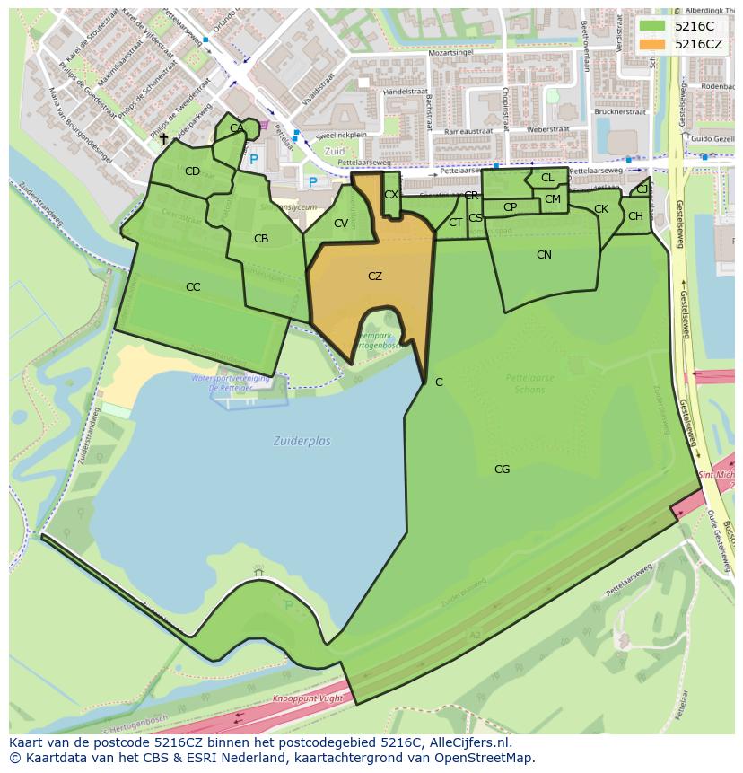 Afbeelding van het postcodegebied 5216 CZ op de kaart.