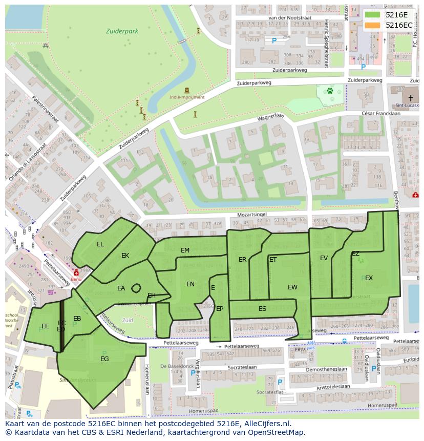 Afbeelding van het postcodegebied 5216 EC op de kaart.