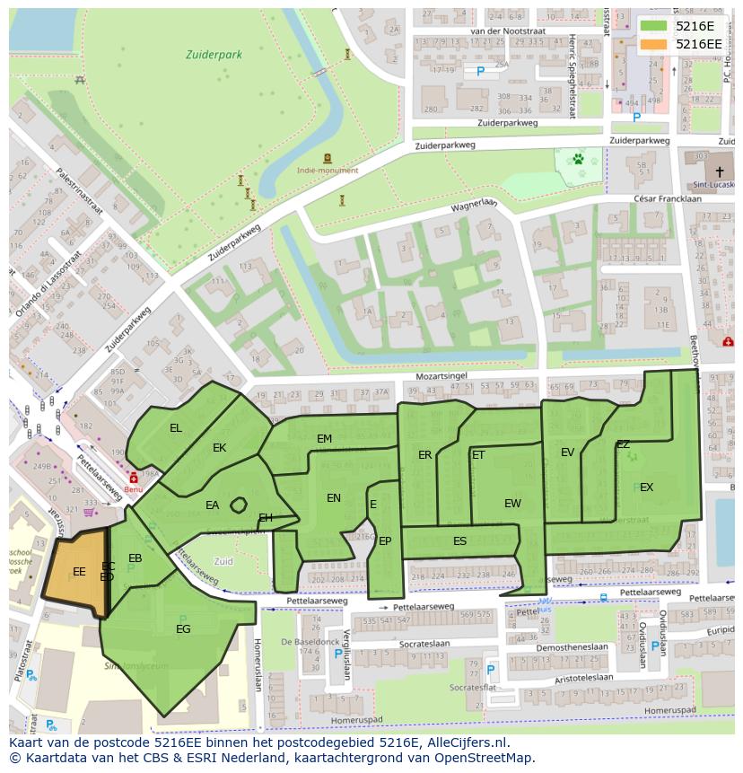 Afbeelding van het postcodegebied 5216 EE op de kaart.