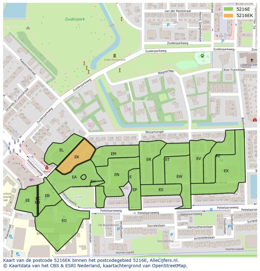 Afbeelding van het postcodegebied 5216 EK op de kaart.