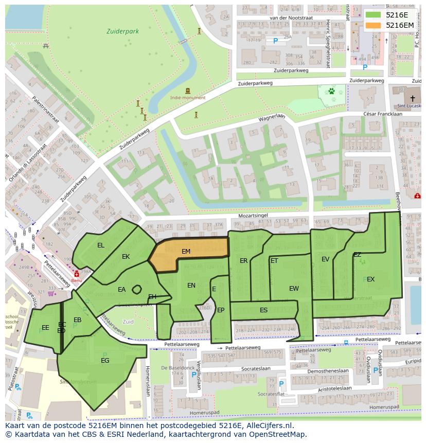 Afbeelding van het postcodegebied 5216 EM op de kaart.