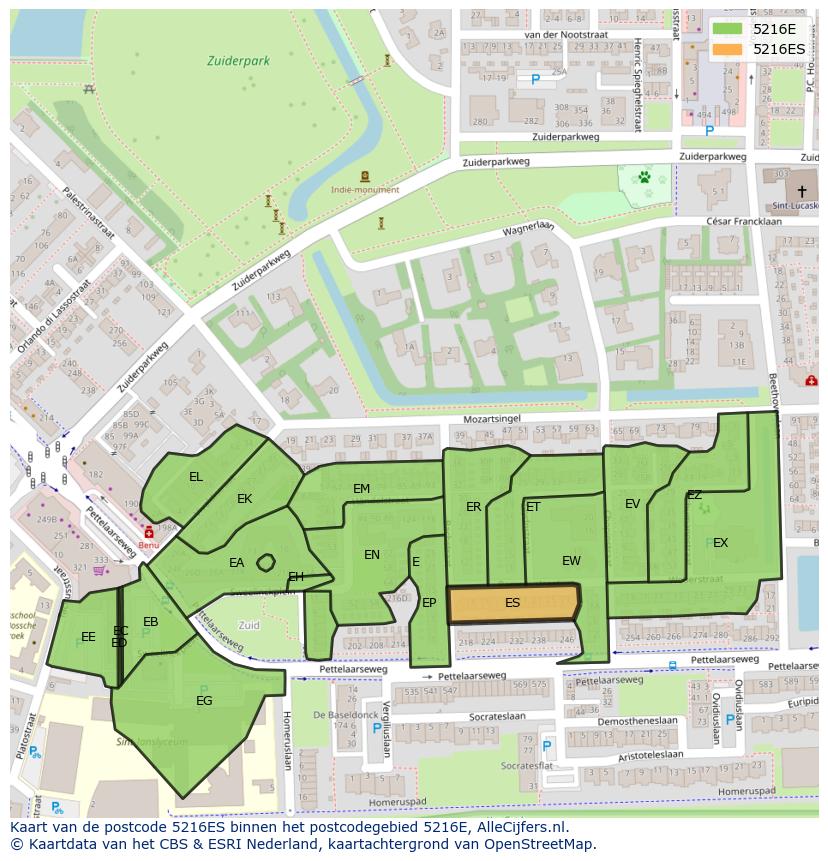 Afbeelding van het postcodegebied 5216 ES op de kaart.