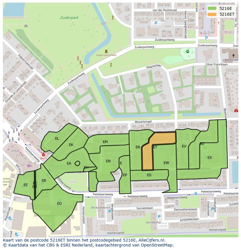 Afbeelding van het postcodegebied 5216 ET op de kaart.