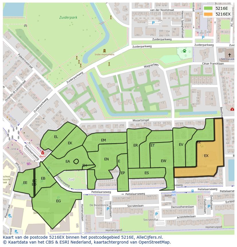 Afbeelding van het postcodegebied 5216 EX op de kaart.