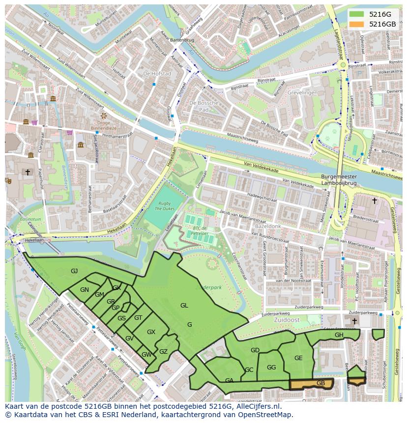 Afbeelding van het postcodegebied 5216 GB op de kaart.