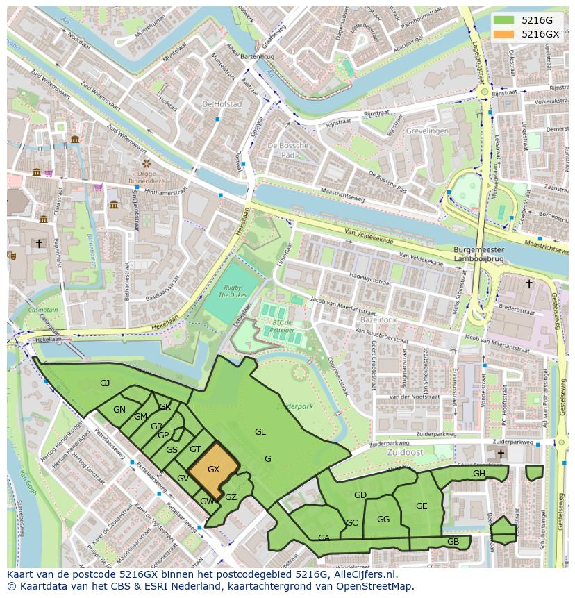 Afbeelding van het postcodegebied 5216 GX op de kaart.