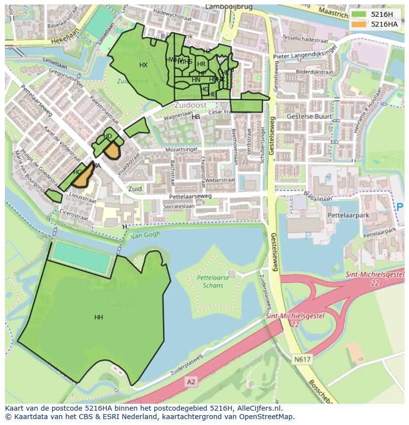 Afbeelding van het postcodegebied 5216 HA op de kaart.
