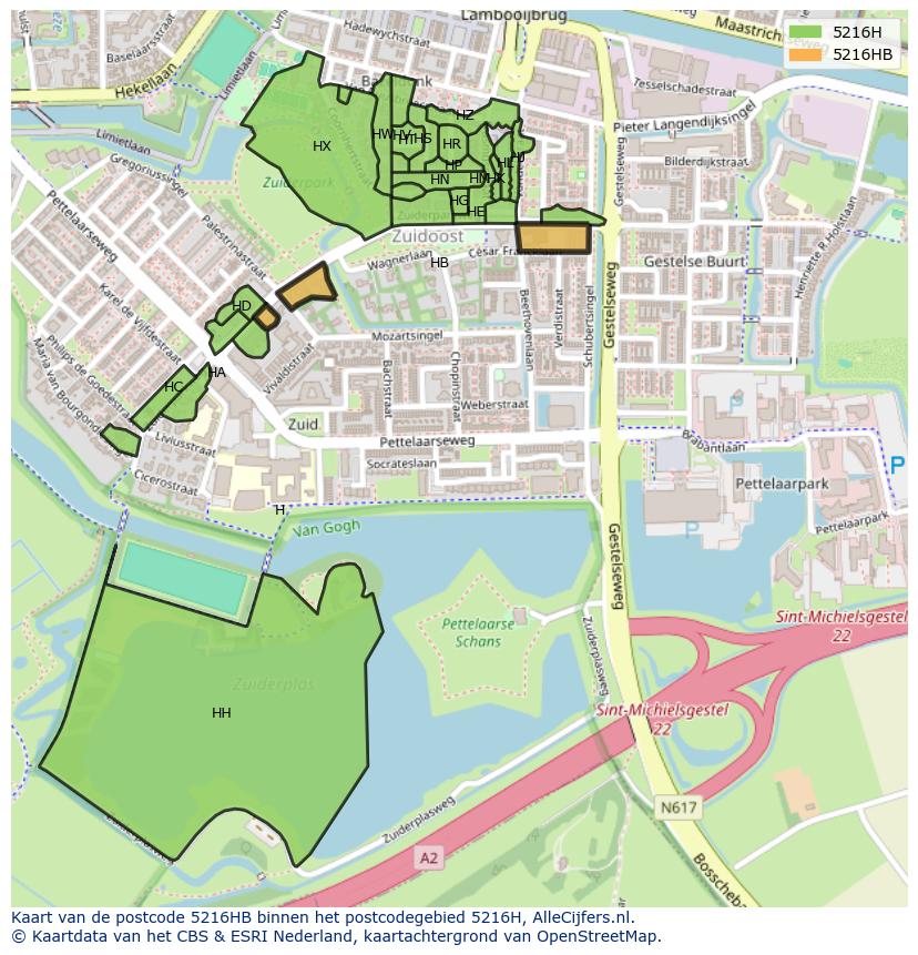 Afbeelding van het postcodegebied 5216 HB op de kaart.