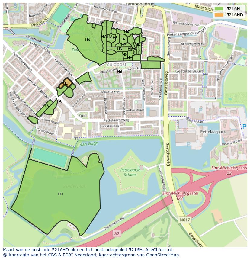 Afbeelding van het postcodegebied 5216 HD op de kaart.