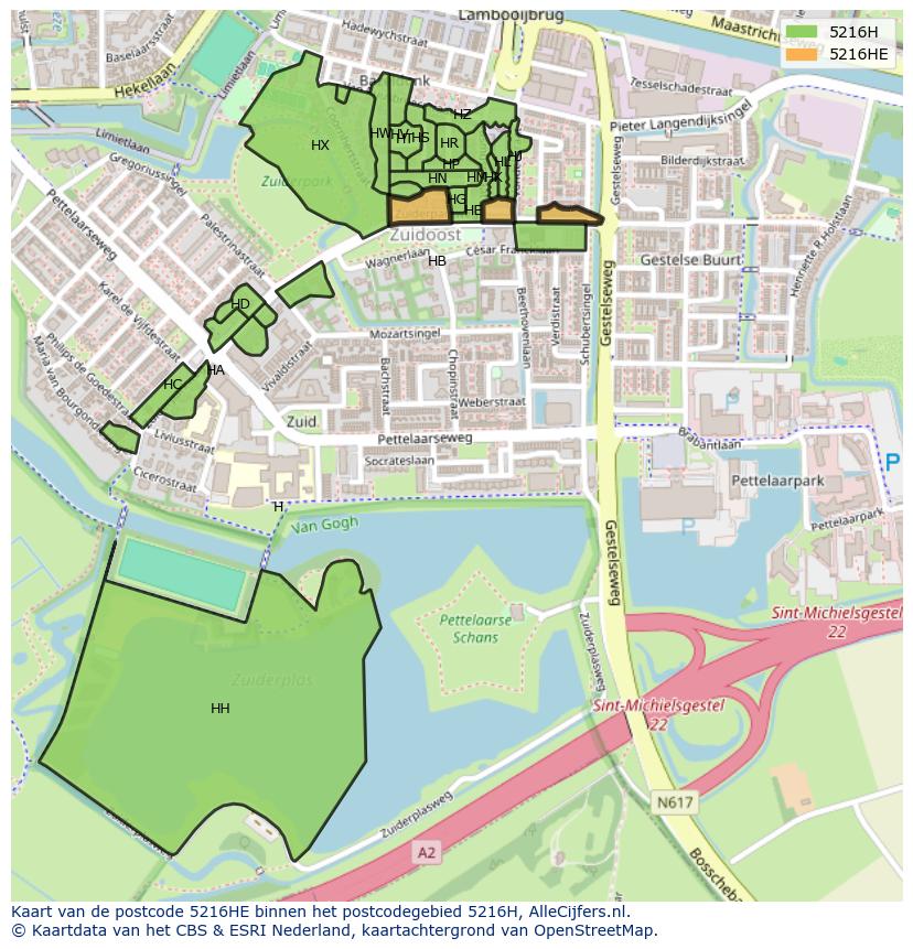 Afbeelding van het postcodegebied 5216 HE op de kaart.