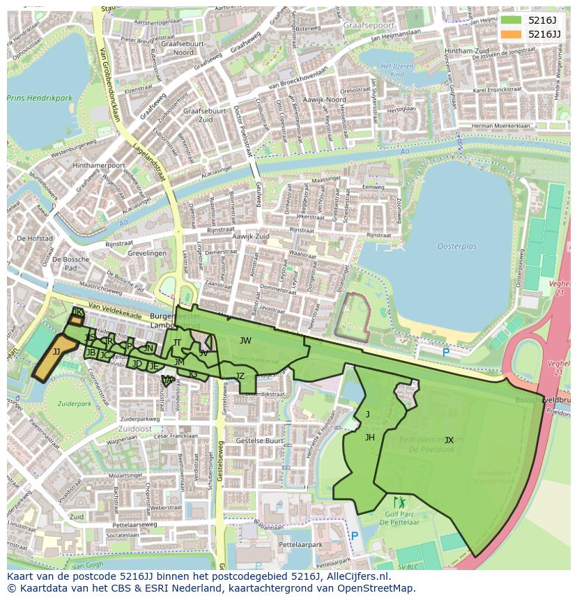 Afbeelding van het postcodegebied 5216 JJ op de kaart.