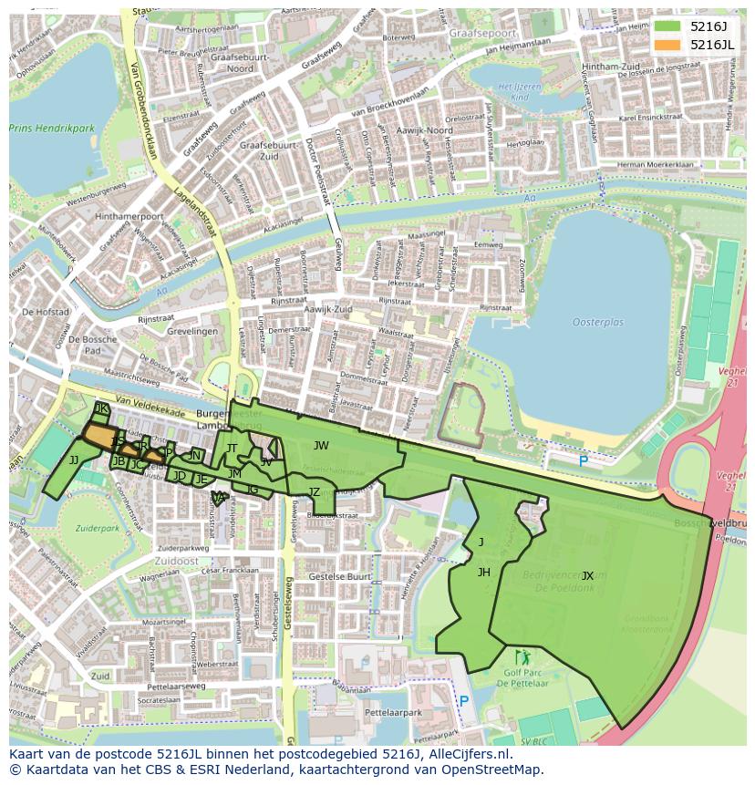 Afbeelding van het postcodegebied 5216 JL op de kaart.